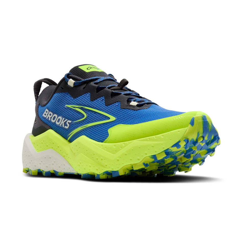 Lateral view of the right shoe from a pair of Brooks Men's Caldera 8 Running Shoes in the Regatta/Ebony/Nightlife colourway. (8651044257954)