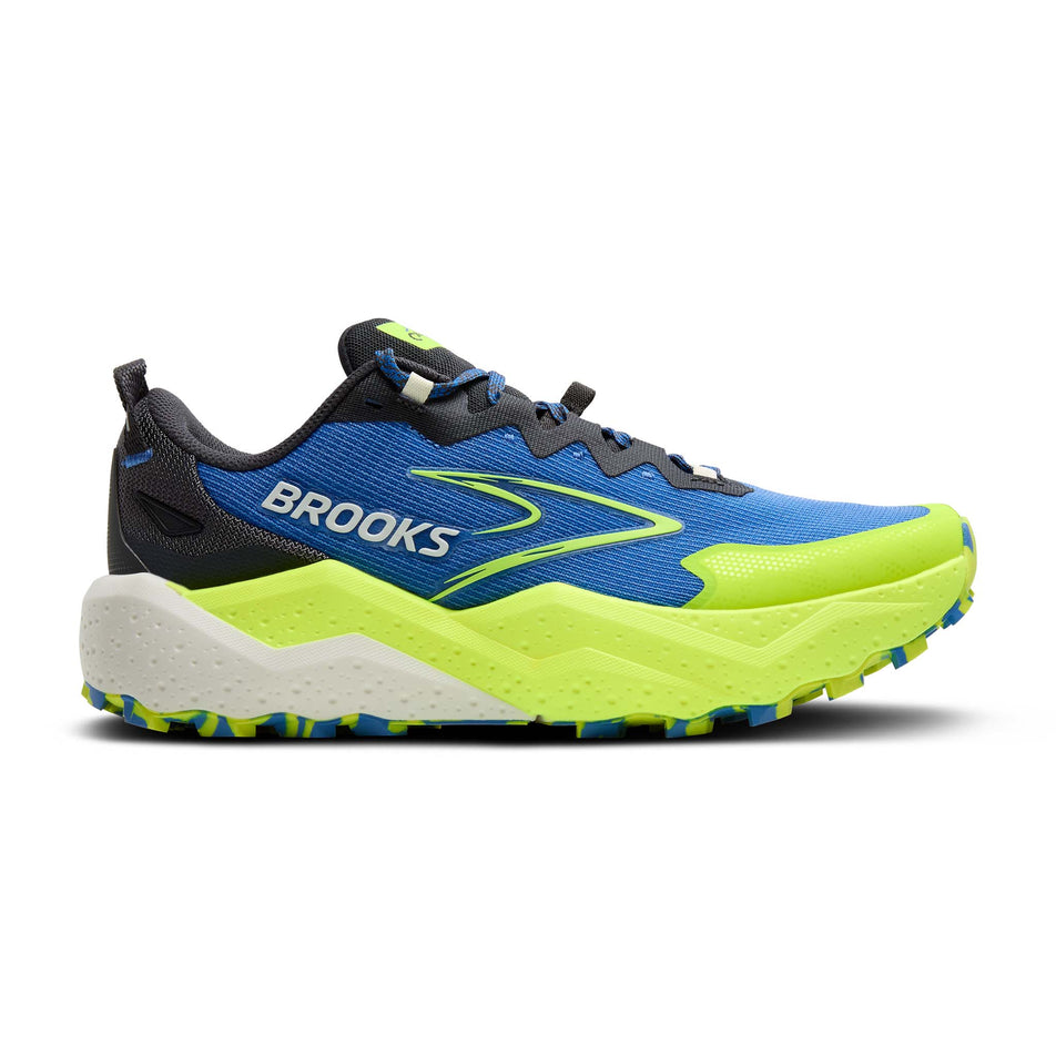 Lateral view of the right shoe from a pair of Brooks Men's Caldera 8 Running Shoes in the Regatta/Ebony/Nightlife colourway. (8651044257954)