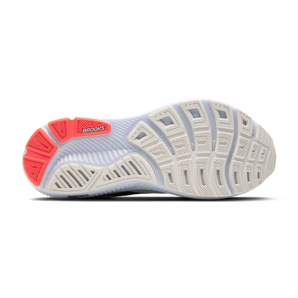 The outsole of the right shoe from a pair of Brooks Men's Ghost 17 Running Shoes in the White/Pink Clay/Gecko colourway. (8647788560546)