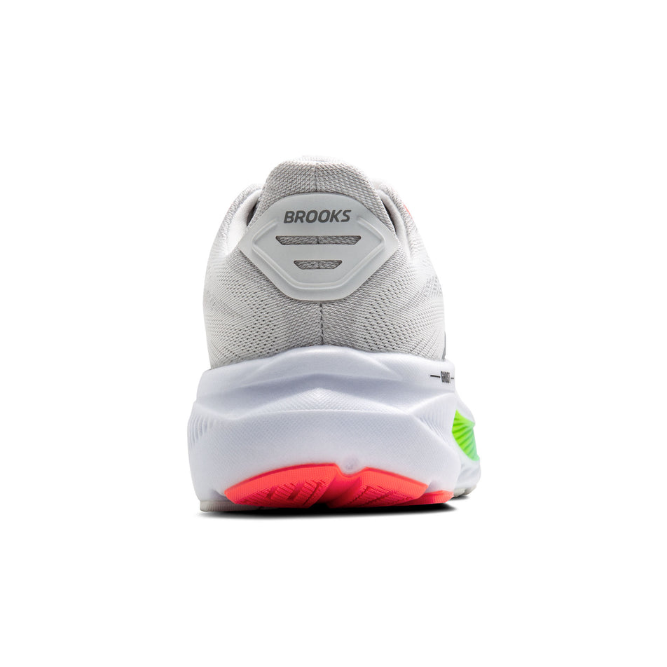 The back of the right shoe from a pair of Brooks Men's Ghost 17 Running Shoes in the White/Pink Clay/Gecko colourway. (8647788560546)