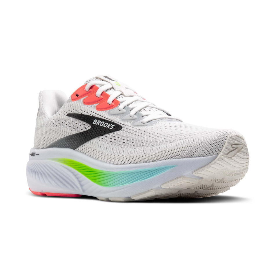 Lateral view of the right shoe from a pair of Brooks Men's Ghost 17 Running Shoes in the White/Pink Clay/Gecko colourway. (8647788560546)