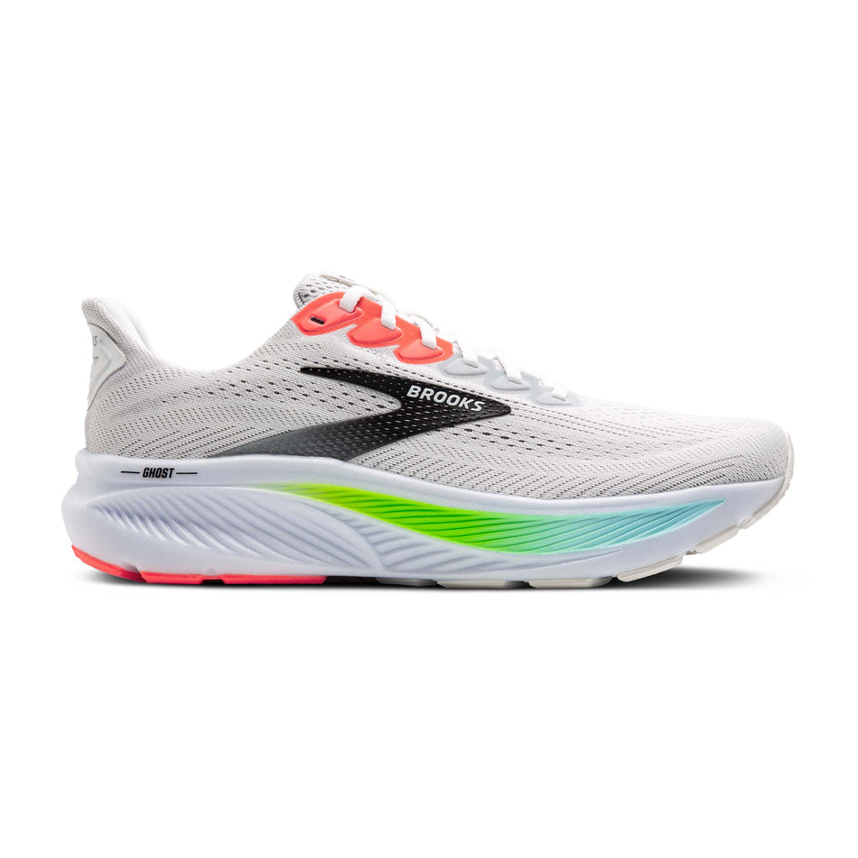Lateral view of the right shoe from a pair of Brooks Men's Ghost 17 Running Shoes in the White/Pink Clay/Gecko colourway. (8647788560546)
