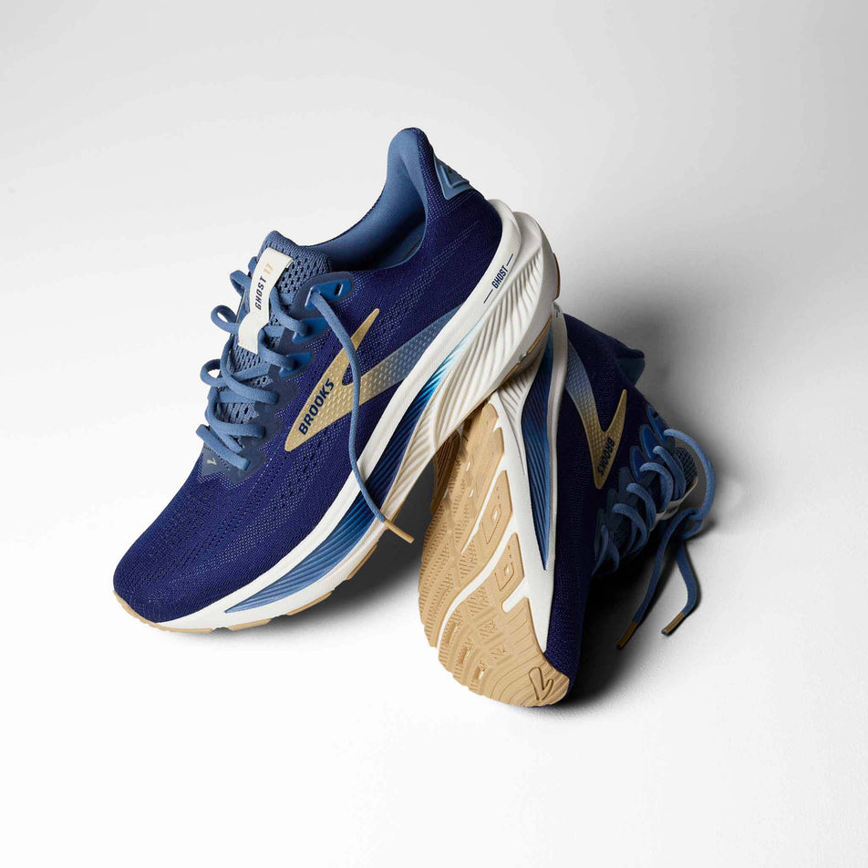 A pair of Brooks Men's Ghost 17 Running Shoes in the Beacon Blue/Moonlight/Starfish colourway.