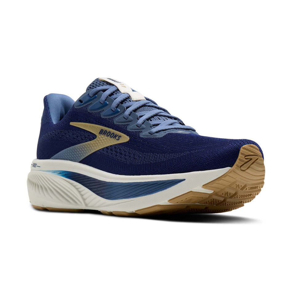 Lateral view of the right shoe from a pair of Brooks Men's Ghost 17 Running Shoes in the Beacon Blue/Moonlight/Starfish colourway.