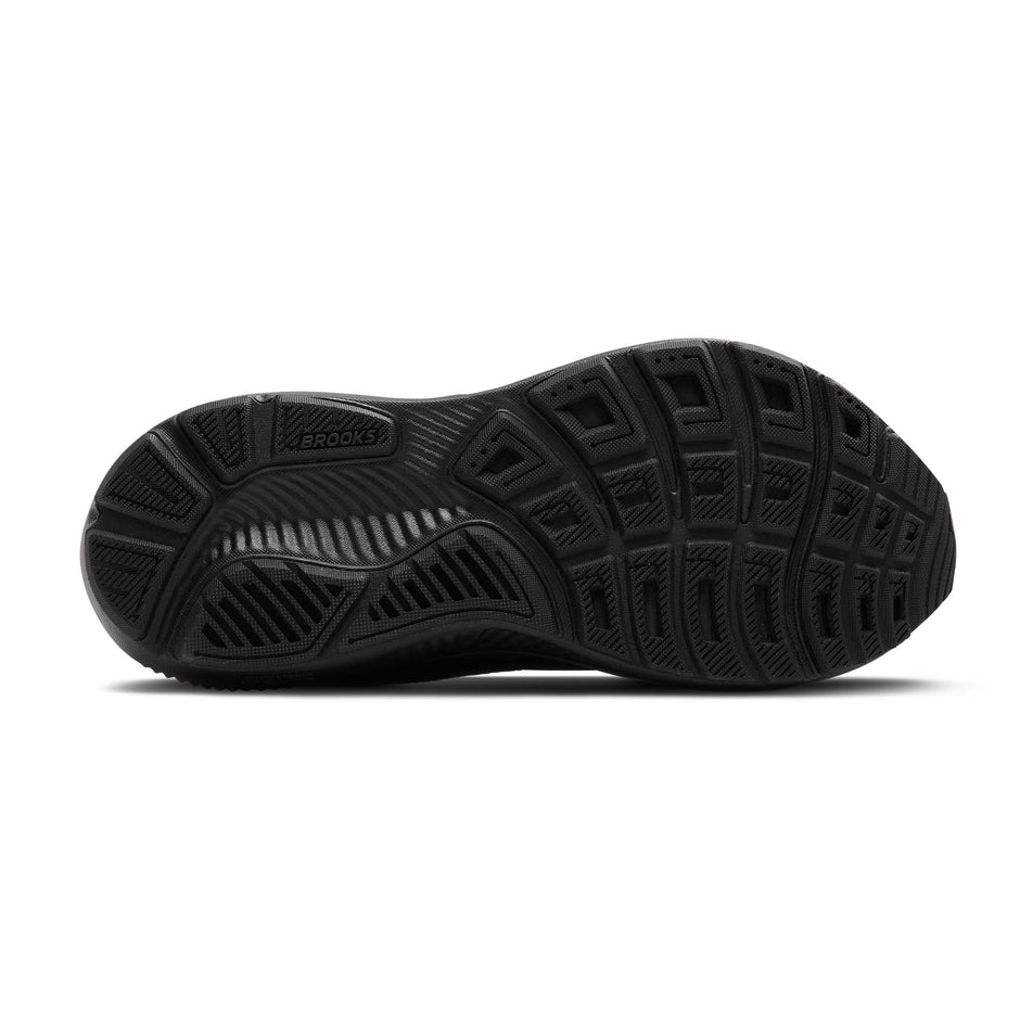 The outsole of the right shoe from a pair of Brooks Men's Ghost 17 2E Running Shoes in the Black/Black/Ebony colourway. (8647791509666)