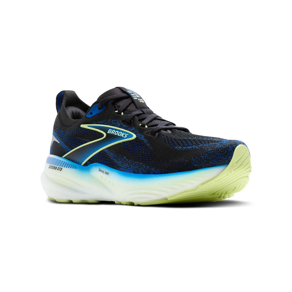 Lateral side of the right shoe from a pair of Brooks Men's Glycerin GTS 22 Running Shoes in the Black/Cobalt/Neo Yellow colourway. (8556614123682)