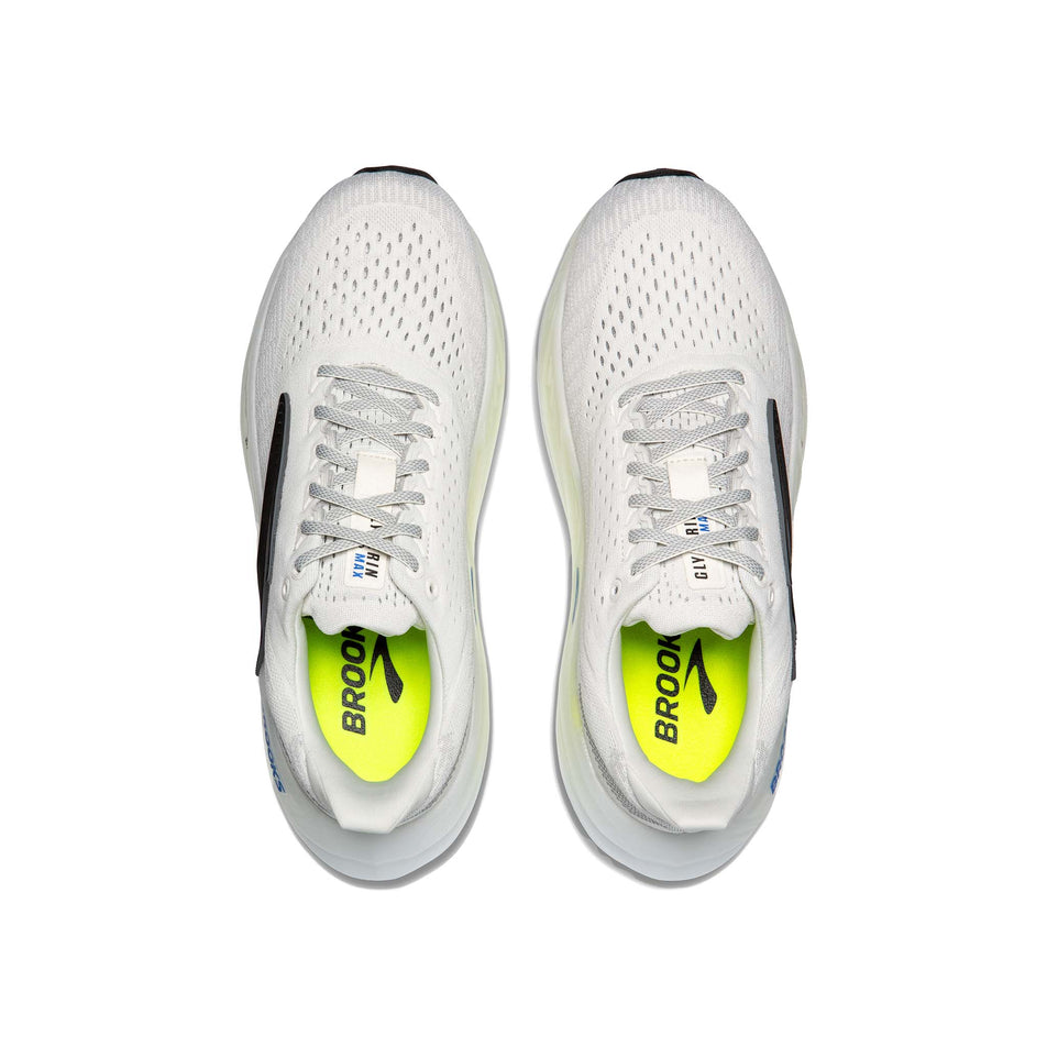 The uppers of a pair of Brooks Men's Glycerin Max Running Shoes in the Grey/Black/Nightlife colourway. (8500125073570)