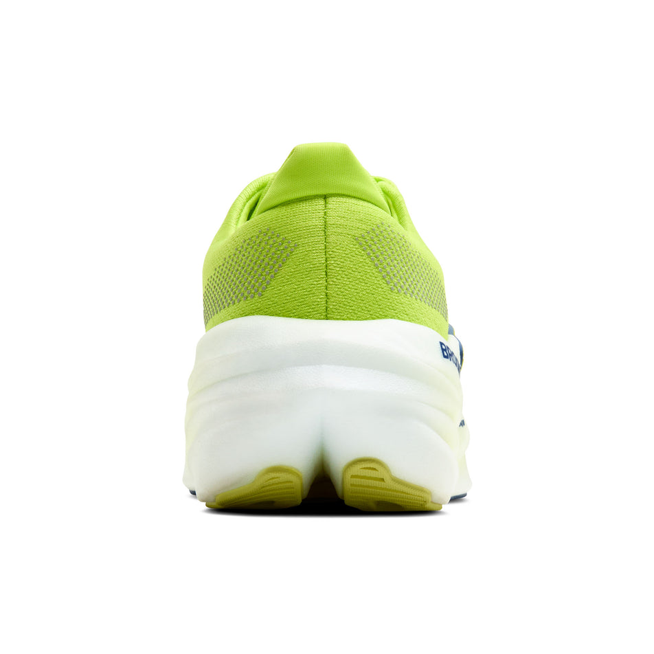 The back of the right shoe from a pair of Brooks Men's Glycerin Max Running Shoes in the Lime/Navy Peony/White colourway. (8644874436770)