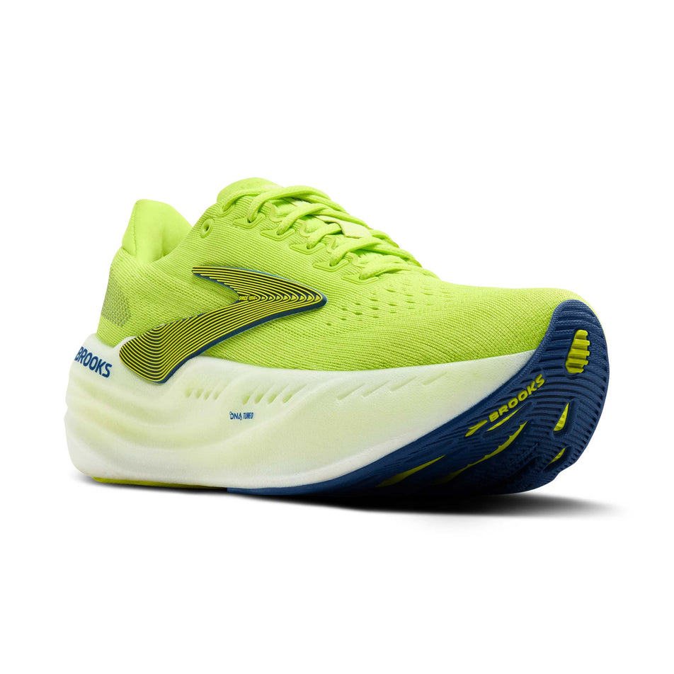 Lateral view of the right shoe from a pair of Brooks Men's Glycerin Max Running Shoes in the Lime/Navy Peony/White colourway. (8644874436770)
