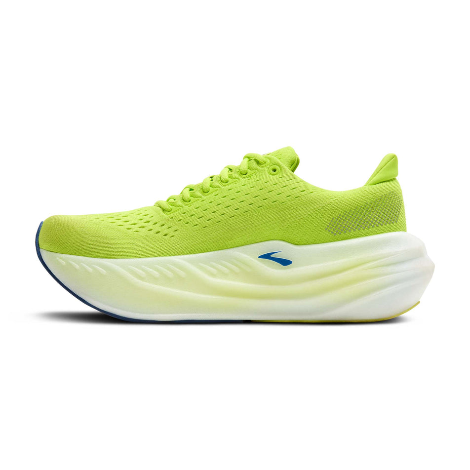 Medial view of the right shoe from a pair of Brooks Men's Glycerin Max Running Shoes in the Lime/Navy Peony/White colourway. (8644874436770)