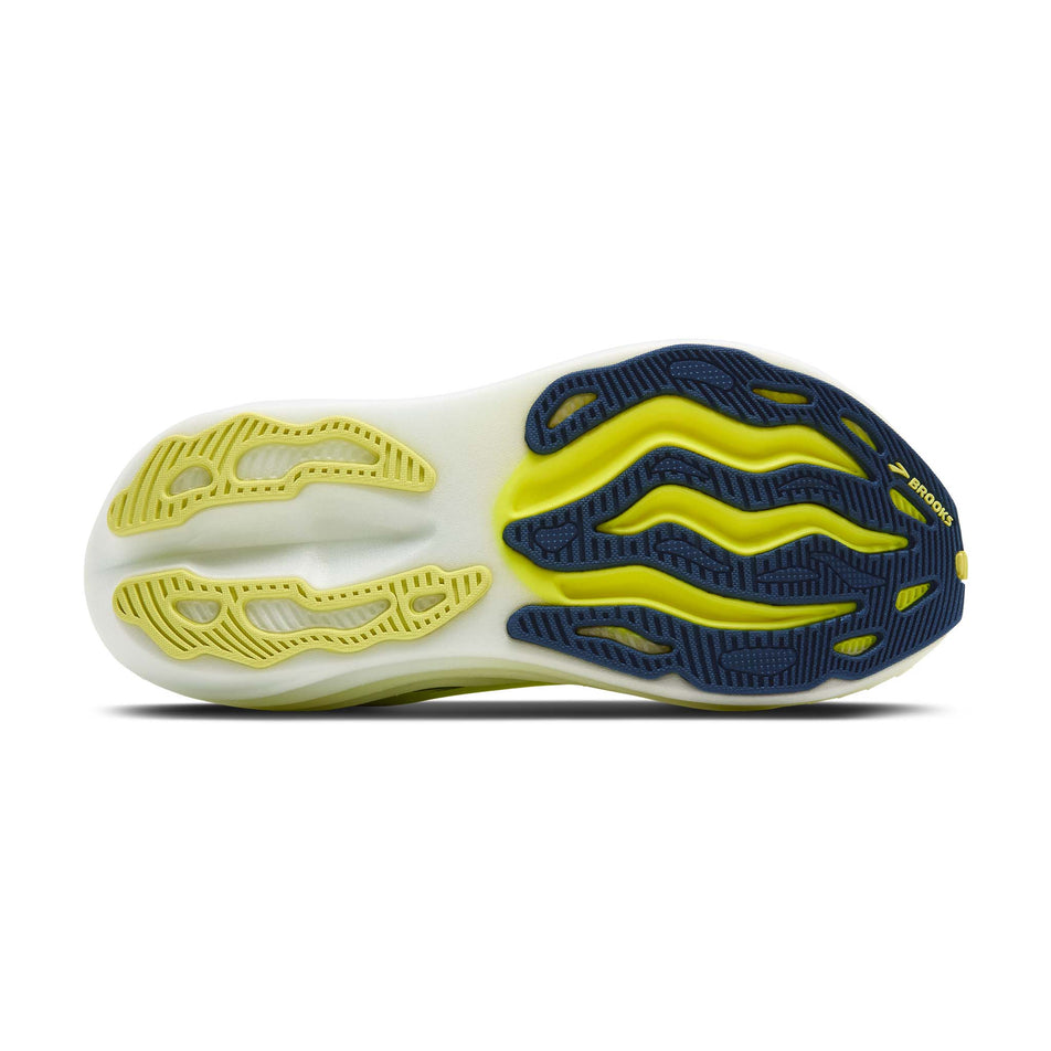 The outsole of the right shoe from a pair of Brooks Men's Glycerin Max Running Shoes in the Lime/Navy Peony/White colourway. (8644874436770)