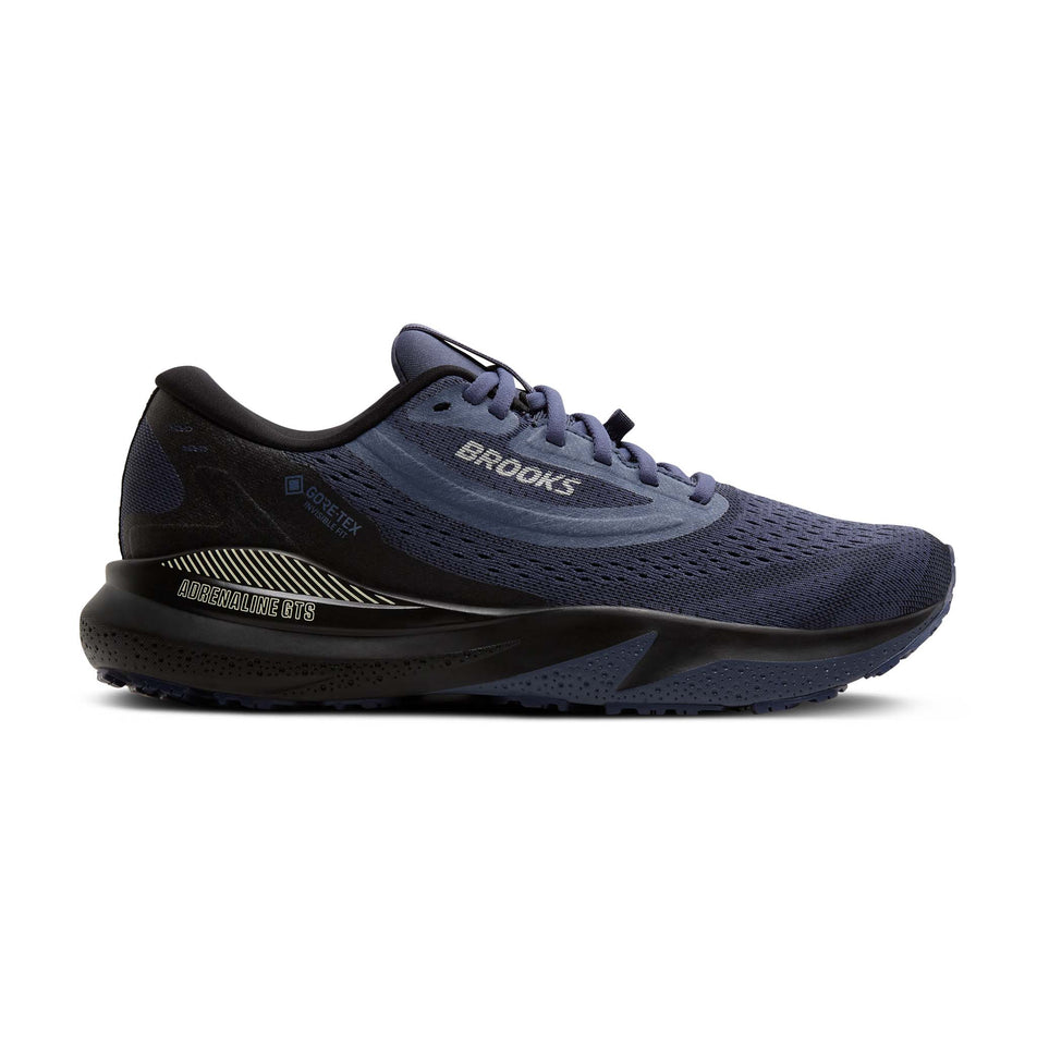 Lateral view of the right shoe from a pair of Brooks Men's Adrenaline GTS 24 GTX Running Shoes in the Black/Nightshadow/Coconut colourway. (8649465561250)