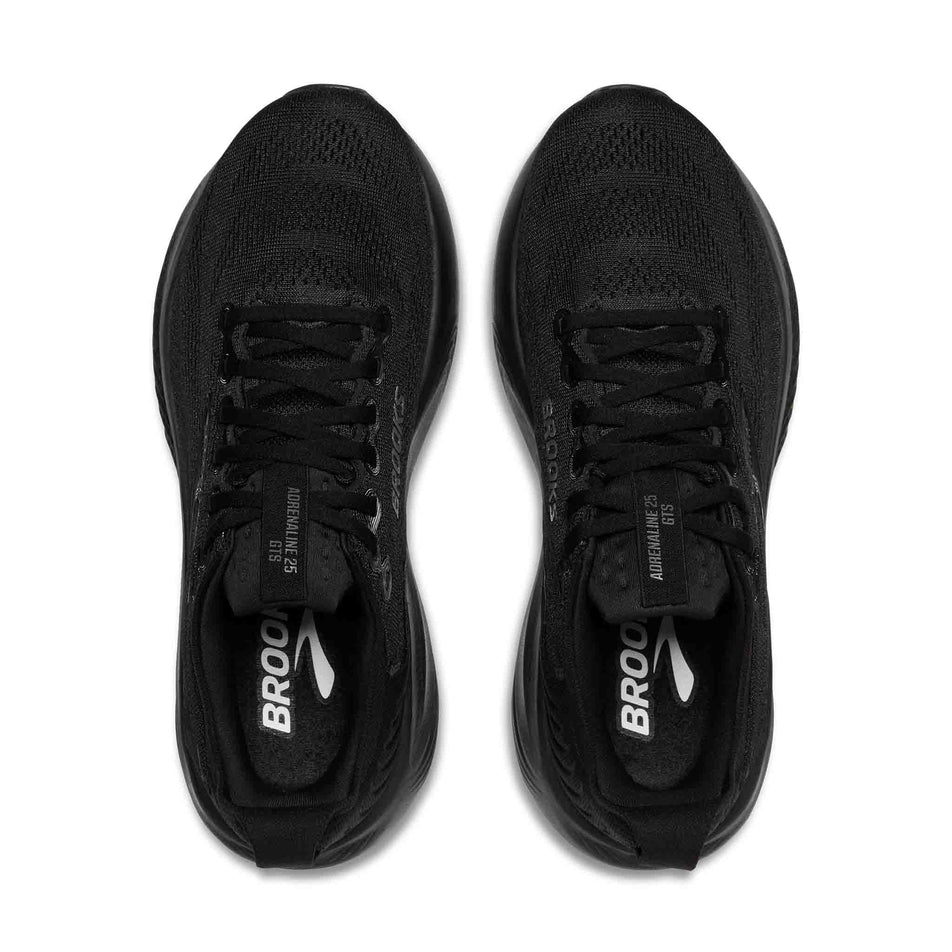 The uppers of a pair of Brooks Men's Adrenaline GTS 25 Running Shoes in the Black/Black/Ebony colourway.