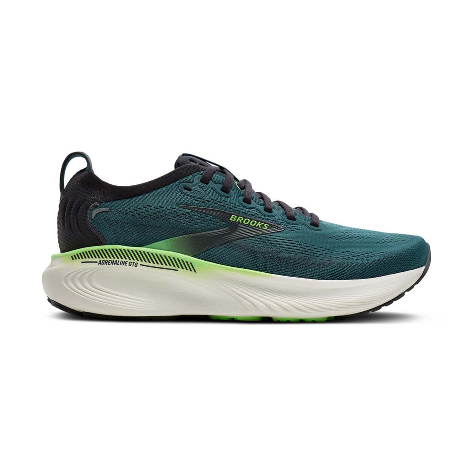 Lateral view of the right shoe from a pair of Brooks Men's Adrenaline GTS 25 Running Shoes in the Atlantic Deep/Coconut/Green colourway.