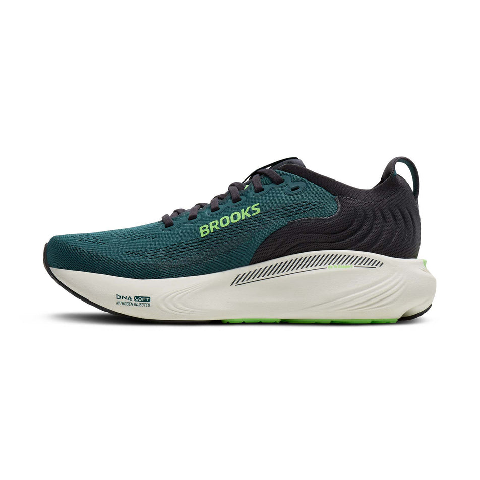 Medial view of the right shoe from a pair of Brooks Men's Adrenaline GTS 25 Running Shoes in the Atlantic Deep/Coconut/Green colourway.