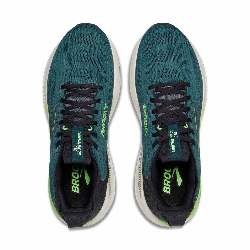 The uppers of a pair of Brooks Men's Adrenaline GTS 25 Running Shoes in the Atlantic Deep/Coconut/Green colourway.