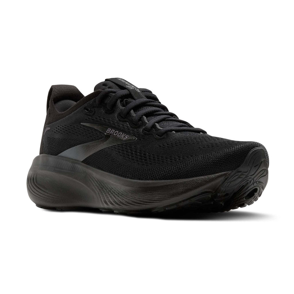 Lateral view of the right shoe from a pair of Brooks Men's Adrenaline GTS 25 2E Running Shoes in the Black/Black/Ebony colourway.