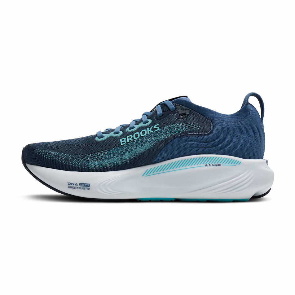 Medial view of the right shoe from a pair of Brooks Men's Adrenaline GTS 25 2E Running Shoes in the Spellbound/Moonlight/Ipanema colourway.