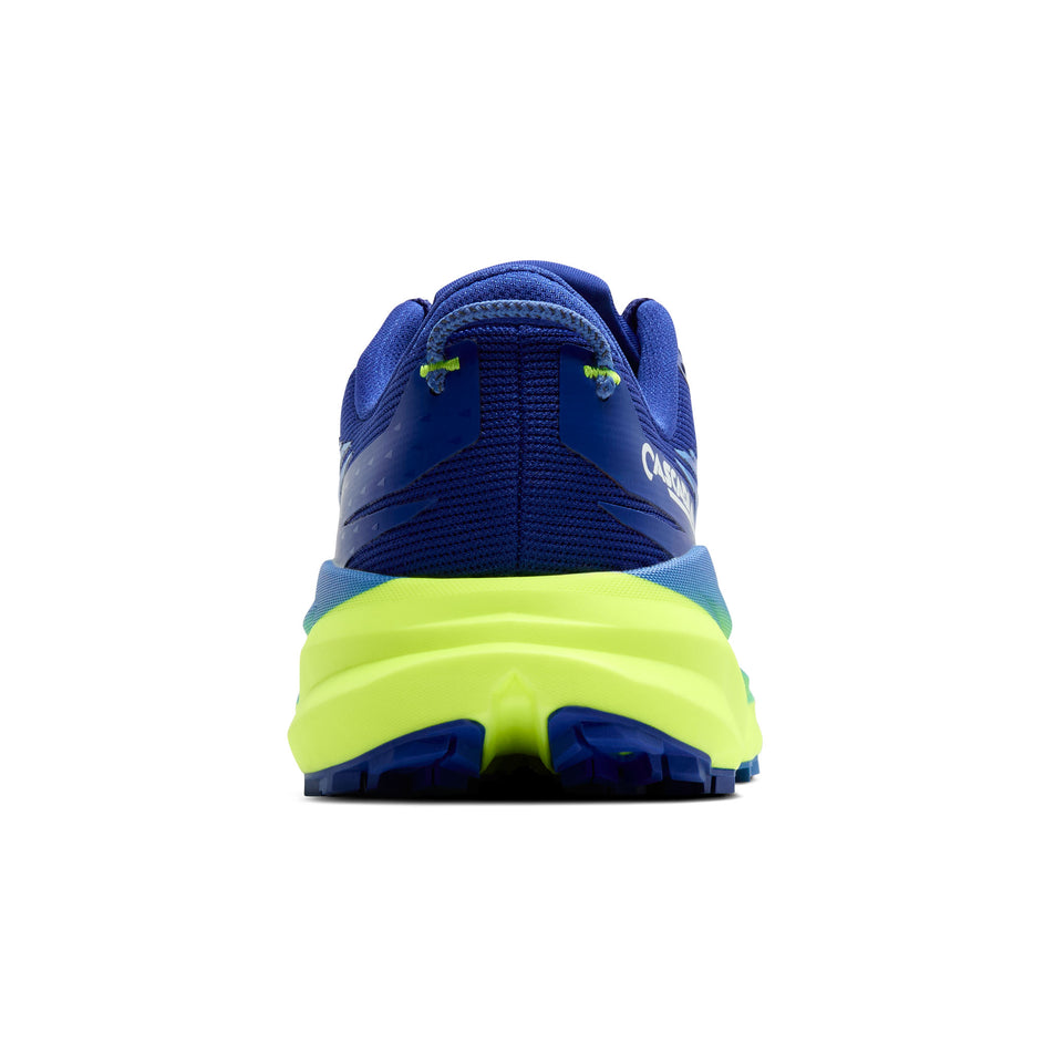 The back of the right shoe from a pair of Brooks Men's Cascadia 19 Running Shoes in the Surf the Web/Nightlife/White colourway. (8651053662370)