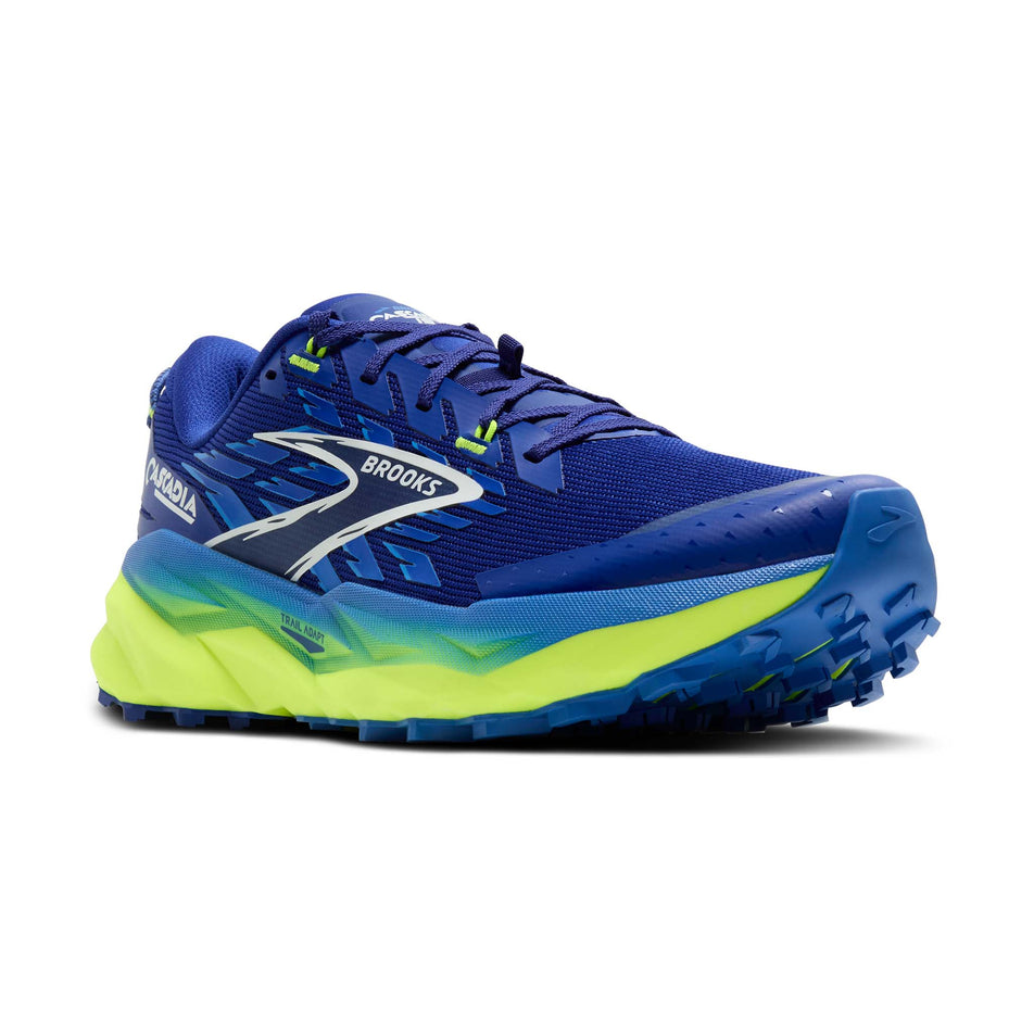 Lateral view of the right shoe from a pair of Brooks Men's Cascadia 19 Running Shoes in the Surf the Web/Nightlife/White colourway. (8651053662370)