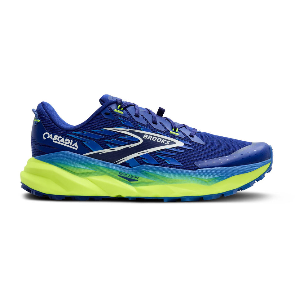 Lateral view of the right shoe from a pair of Brooks Men's Cascadia 19 Running Shoes in the Surf the Web/Nightlife/White colourway. (8651053662370)