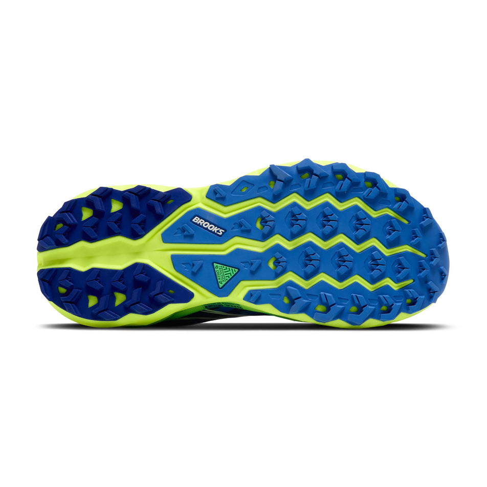 The outsole of the right shoe from a pair of Brooks Men's Cascadia 19 Running Shoes in the Surf the Web/Nightlife/White colourway. (8651053662370)