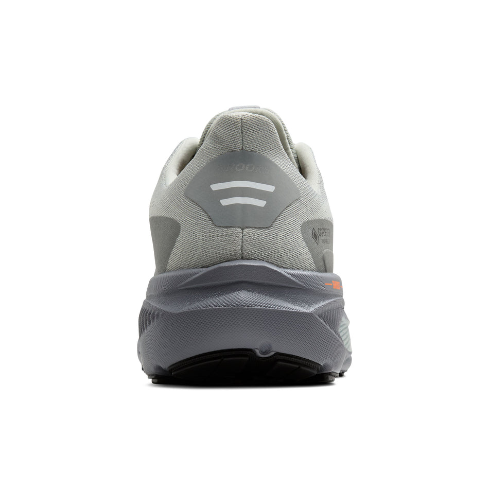 The back of the right shoe from a pair of Brooks Men's Ghost 17 GTX Running Shoes in the Smoke/Primer Grey/Orange colourway. (8647795474594)
