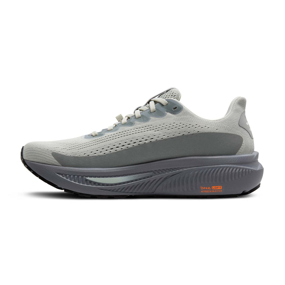 Medial view of the right shoe from a pair of Brooks Men's Ghost 17 GTX Running Shoes in the Smoke/Primer Grey/Orange colourway.(8647795474594)