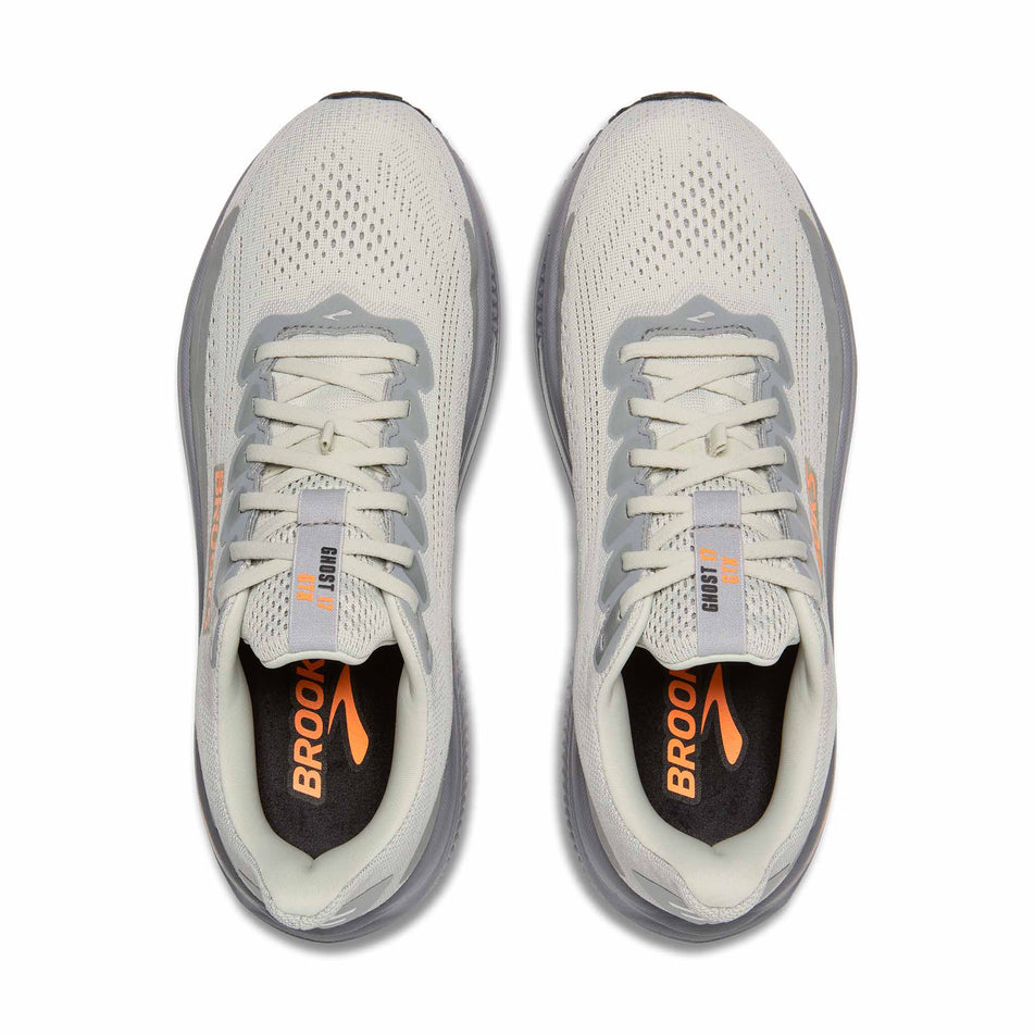 The uppers of a pair of Brooks Men's Ghost 17 GTX Running Shoes in the Smoke/Primer Grey/Orange colourway. (8647795474594)