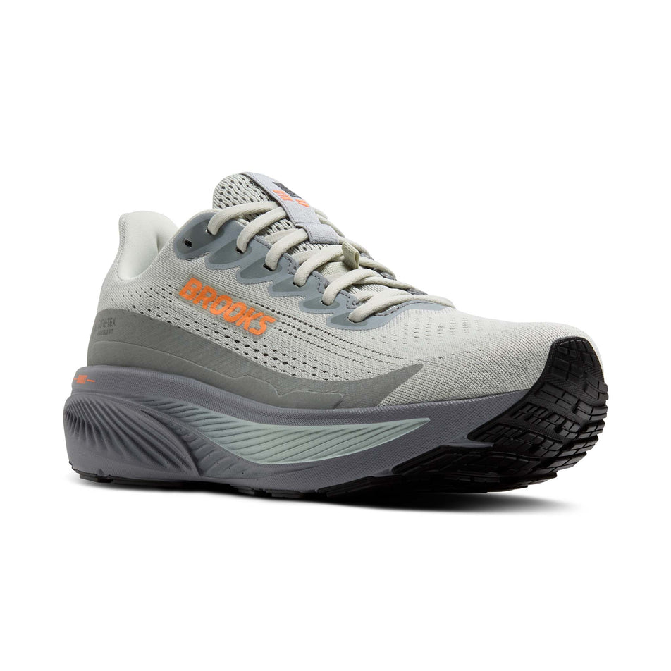 Lateral view of the right shoe from a pair of Brooks Men's Ghost 17 GTX Running Shoes in the Smoke/Primer Grey/Orange colourway. (8647795474594)