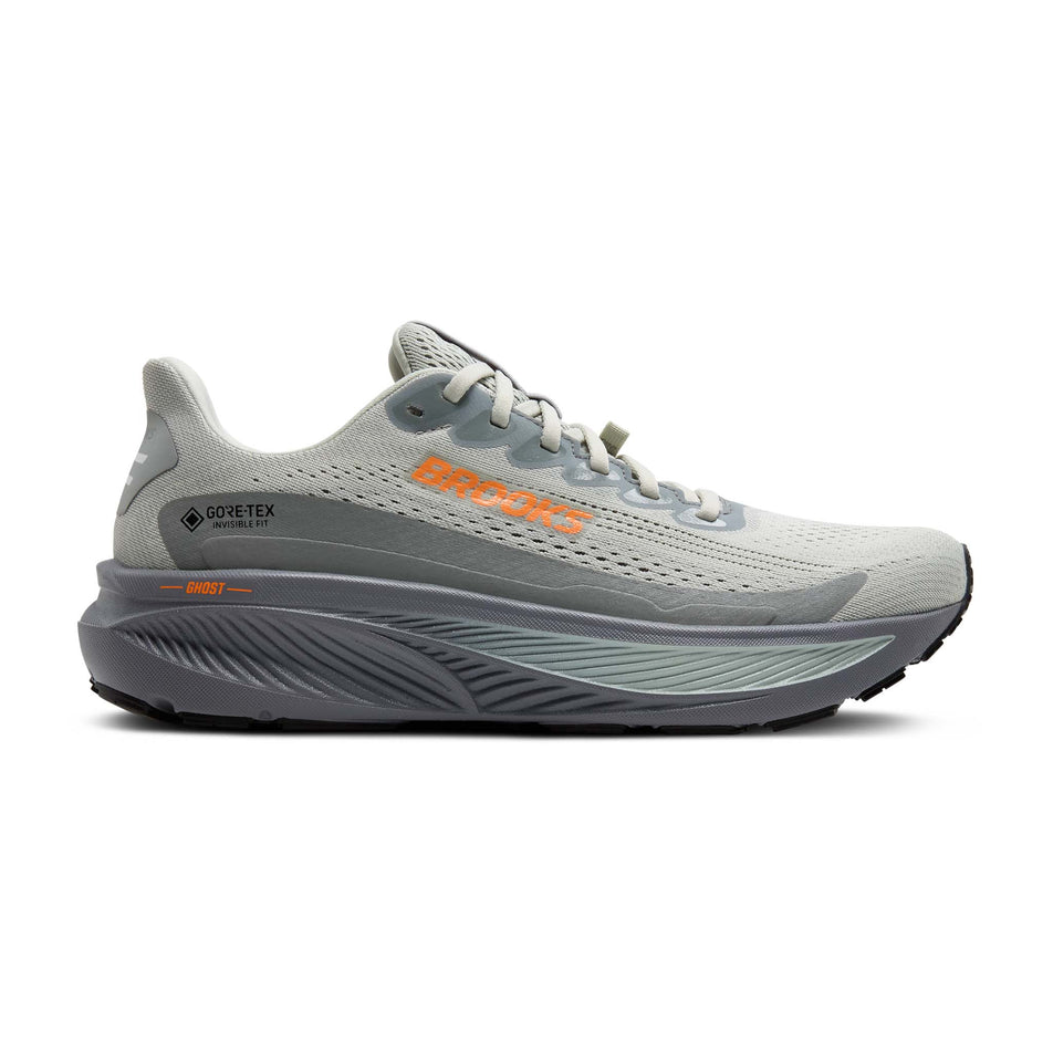 Lateral view of the right shoe from a pair of Brooks Men's Ghost 17 GTX Running Shoes in the Smoke/Primer Grey/Orange colourway. (8647795474594)