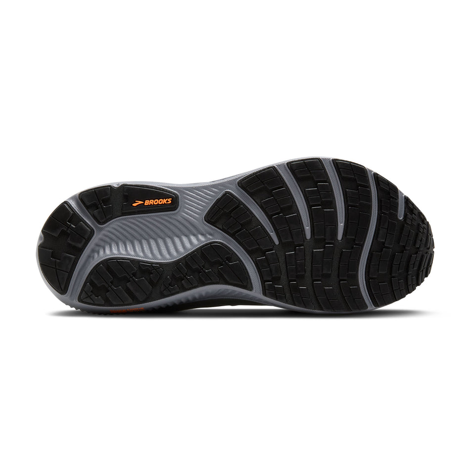 The outsole of the right shoe from a pair of Brooks Men's Ghost 17 GTX Running Shoes in the Smoke/Primer Grey/Orange colourway. (8647795474594)