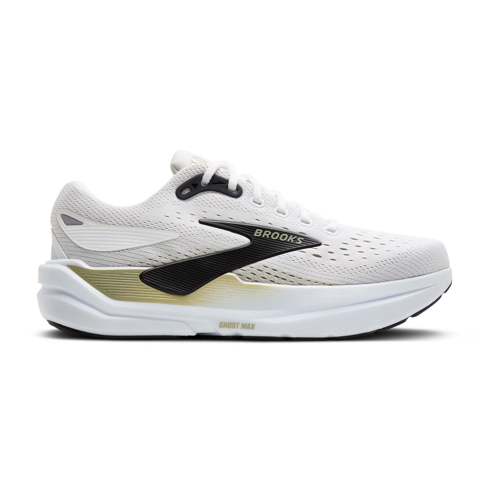 Lateral view of the right shoe from a pair of Brooks Men's Ghost Max 3 Running Shoes in the Bright White/Tea/Black colourway. (8647757168802)