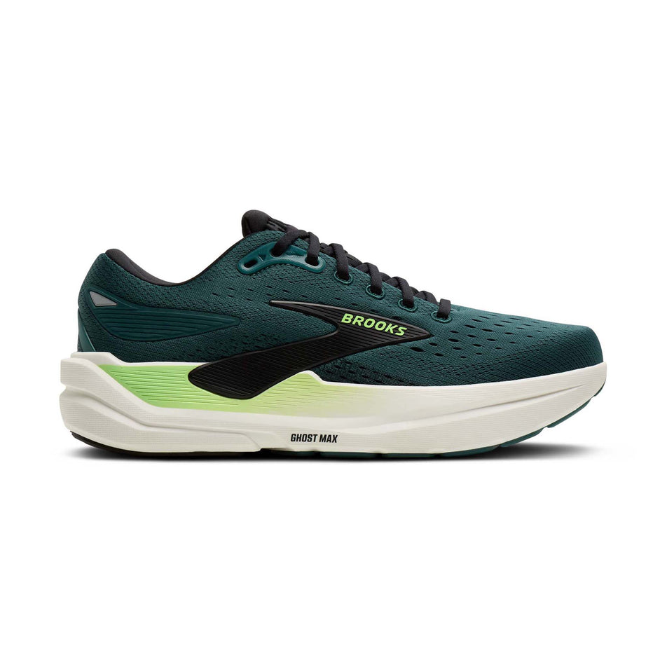 Lateral view of the right shoe from a pair of Brooks Men's Ghost Max 3 Running Shoes in the Atlantic Deep/Black/Green colourway.