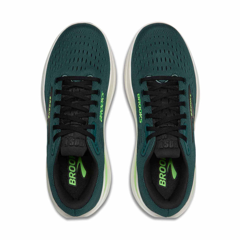 The uppers of a pair of Brooks Men's Ghost Max 3 Running Shoes in the Atlantic Deep/Black/Green colourway.