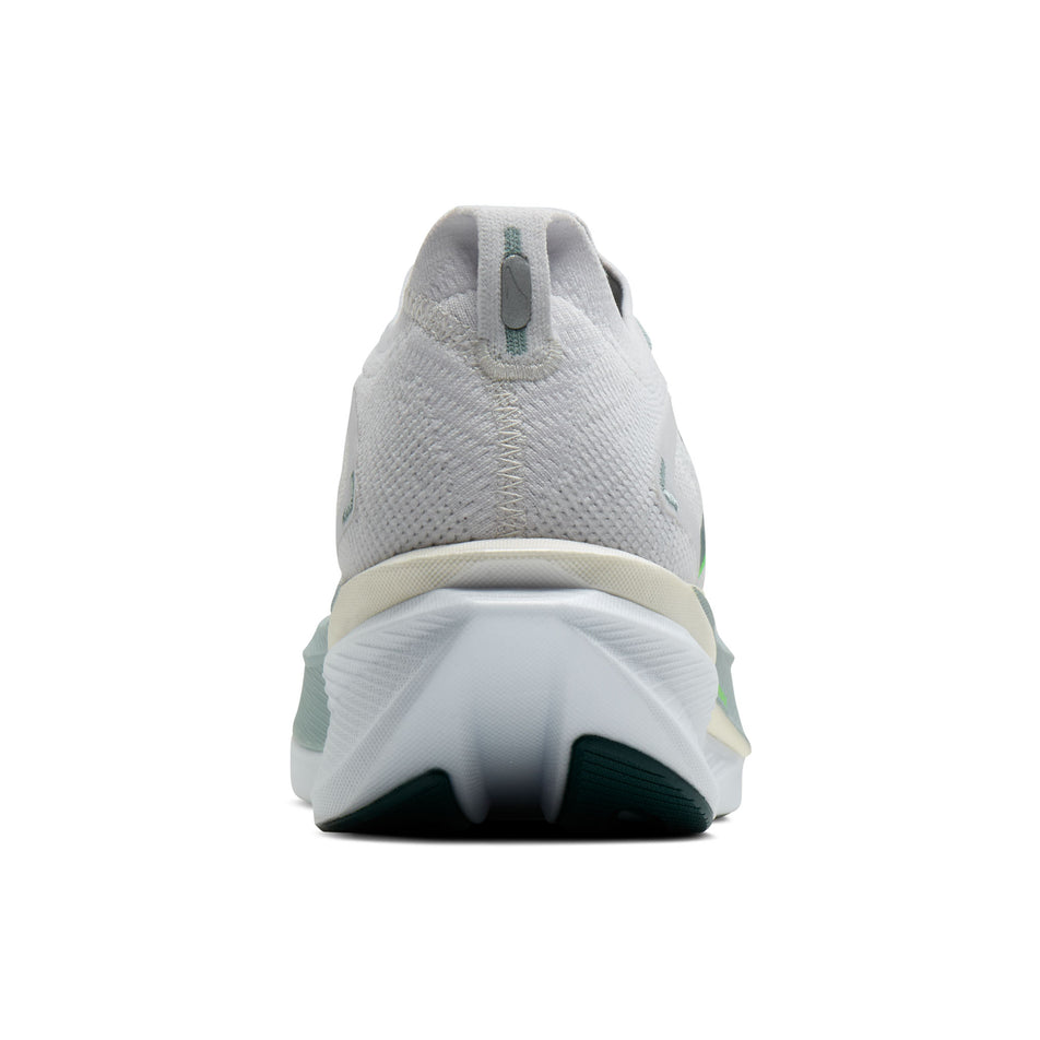 The back of the right shoe from a pair of Brooks Men's Hyperion Max 3 Running Shoes in the White/Gray Mist/Green colourway.