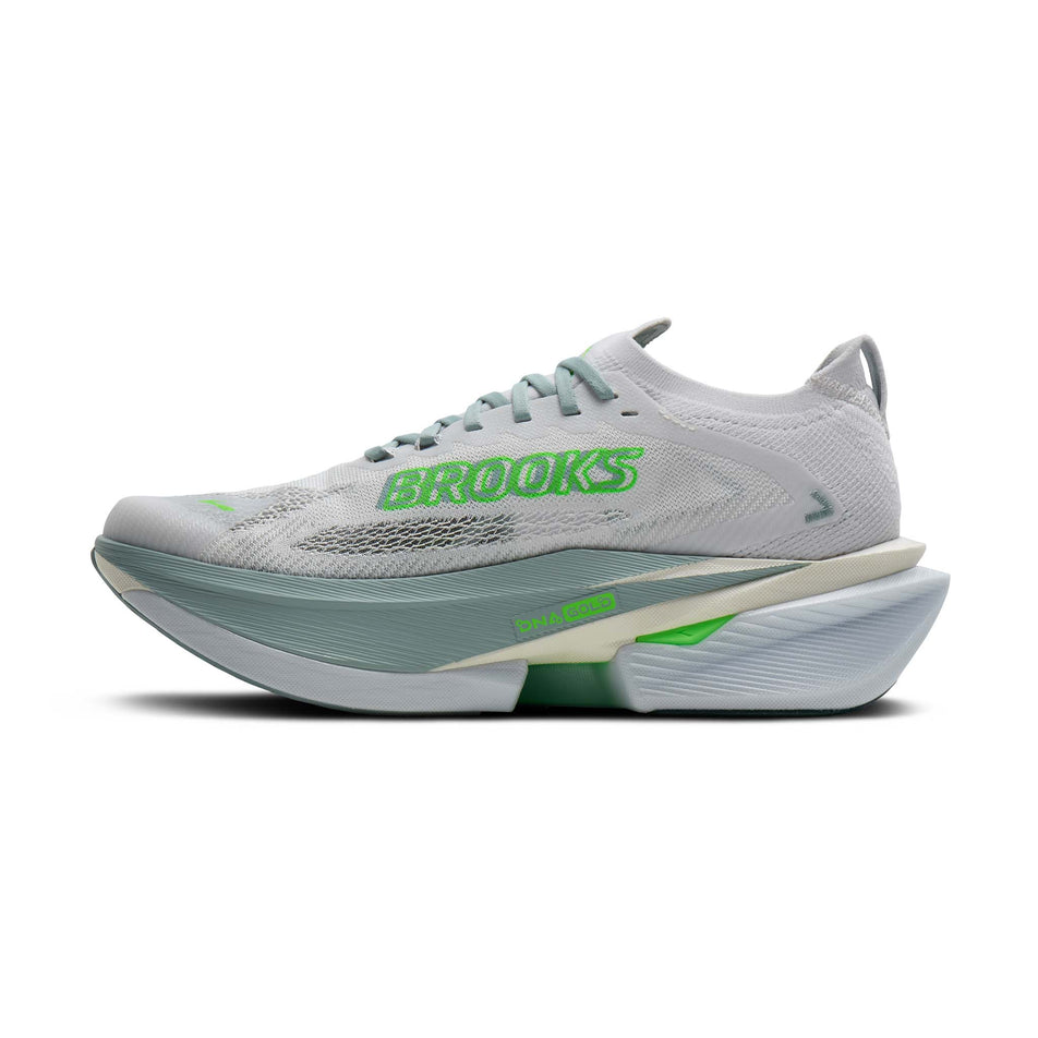 Medial view of the right shoe from a pair of Brooks Men's Hyperion Max 3 Running Shoes in the White/Gray Mist/Green colourway.