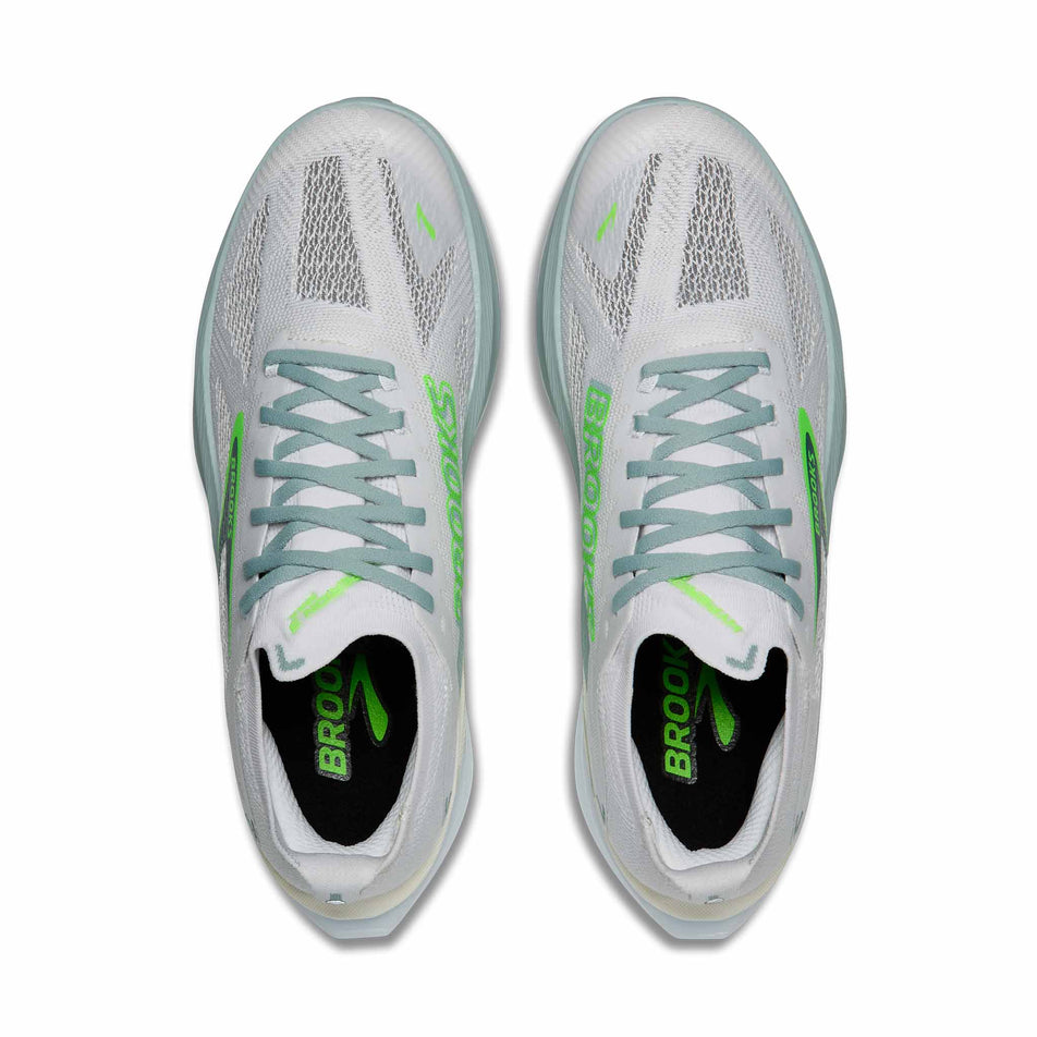 The uppers of a pair of Brooks Men's Hyperion Max 3 Running Shoes in the White/Gray Mist/Green colourway.