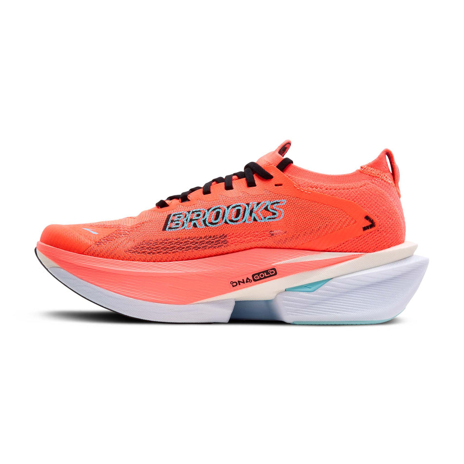 Medial view of the right shoe from a pair of Brooks Men's Hyperion Max 3 Running Shoes in the Fiery Coral/Black/Atomizer colourway. (8655871049890)