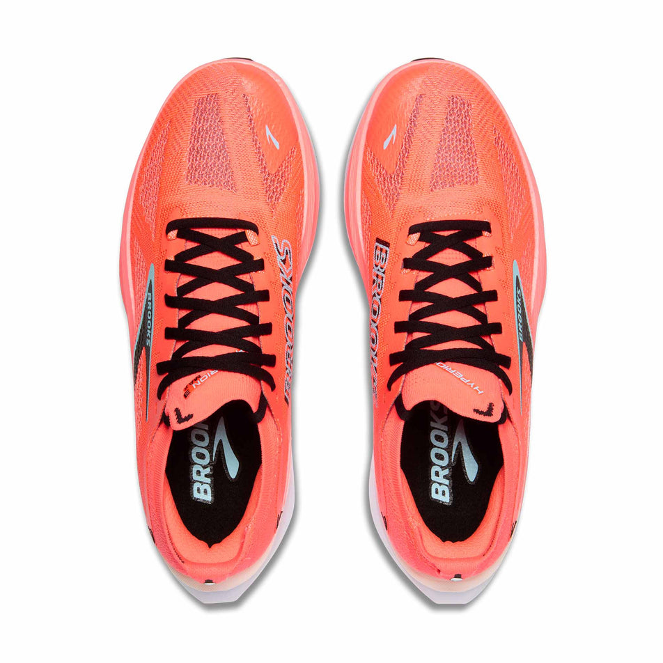 The uppers of a pair of Brooks Men's Hyperion Max 3 Running Shoes in the Fiery Coral/Black/Atomizer colourway. (8655871049890)