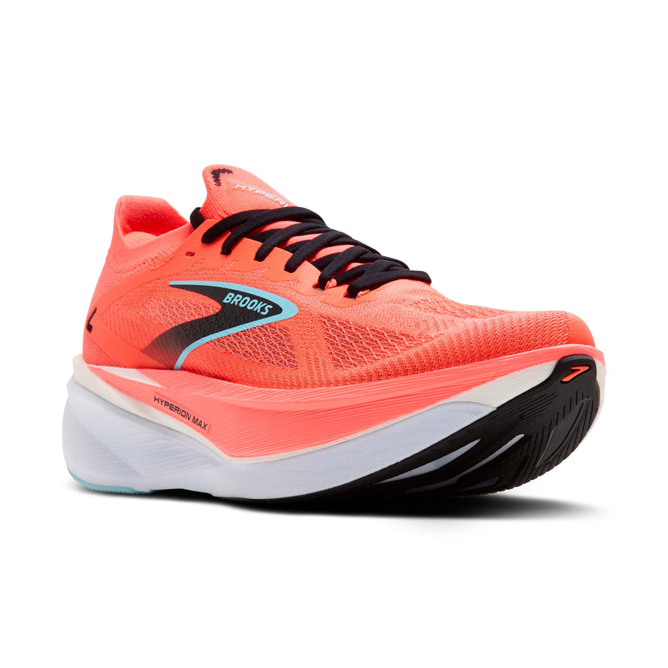Lateral view of the right shoe from a pair of Brooks Men's Hyperion Max 3 Running Shoes in the Fiery Coral/Black/Atomizer colourway. (8655871049890)