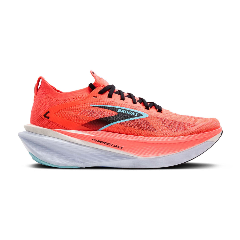 Lateral view of the right shoe from a pair of Brooks Men's Hyperion Max 3 Running Shoes in the Fiery Coral/Black/Atomizer colourway. (8655871049890)