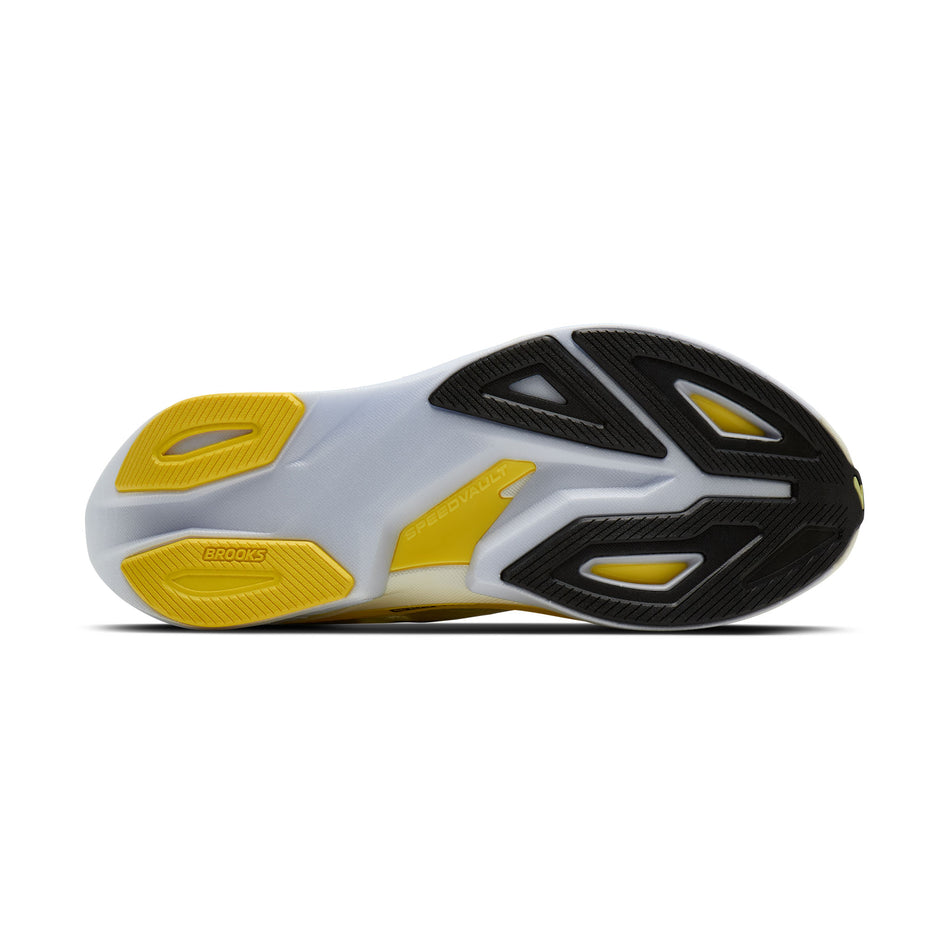 The outsole of the right shoe from a pair of Brooks Men's Hyperion Max 3 Running Shoes in the Luminary/Cyber Yellow/Black colourway.