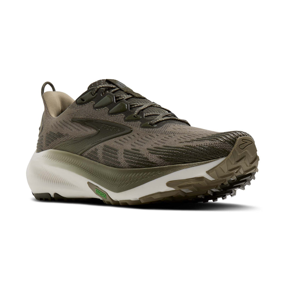 Lateral view of the right shoe from a pair of Brooks Men's Ghost Trail Running Shoes in the Olive/Olive/Metallic colourway.