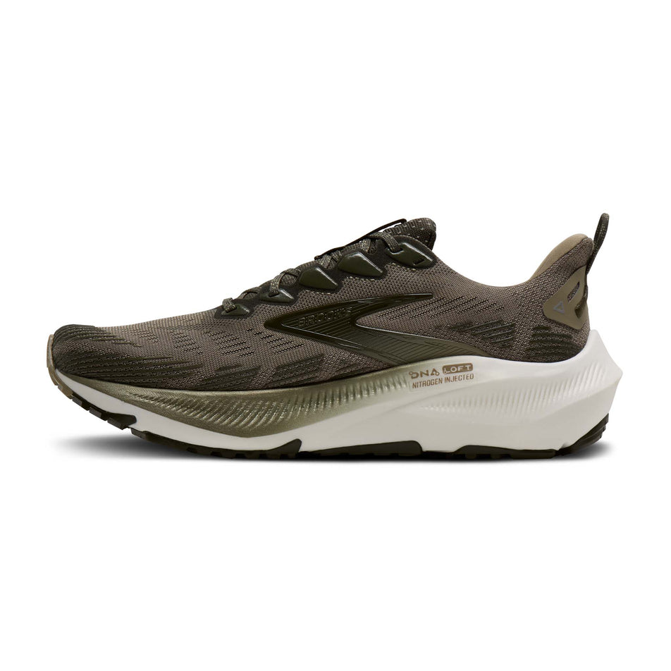 Medial view of the right shoe from a pair of Brooks Men's Ghost Trail Running Shoes in the Olive/Olive/Metallic colourway.
