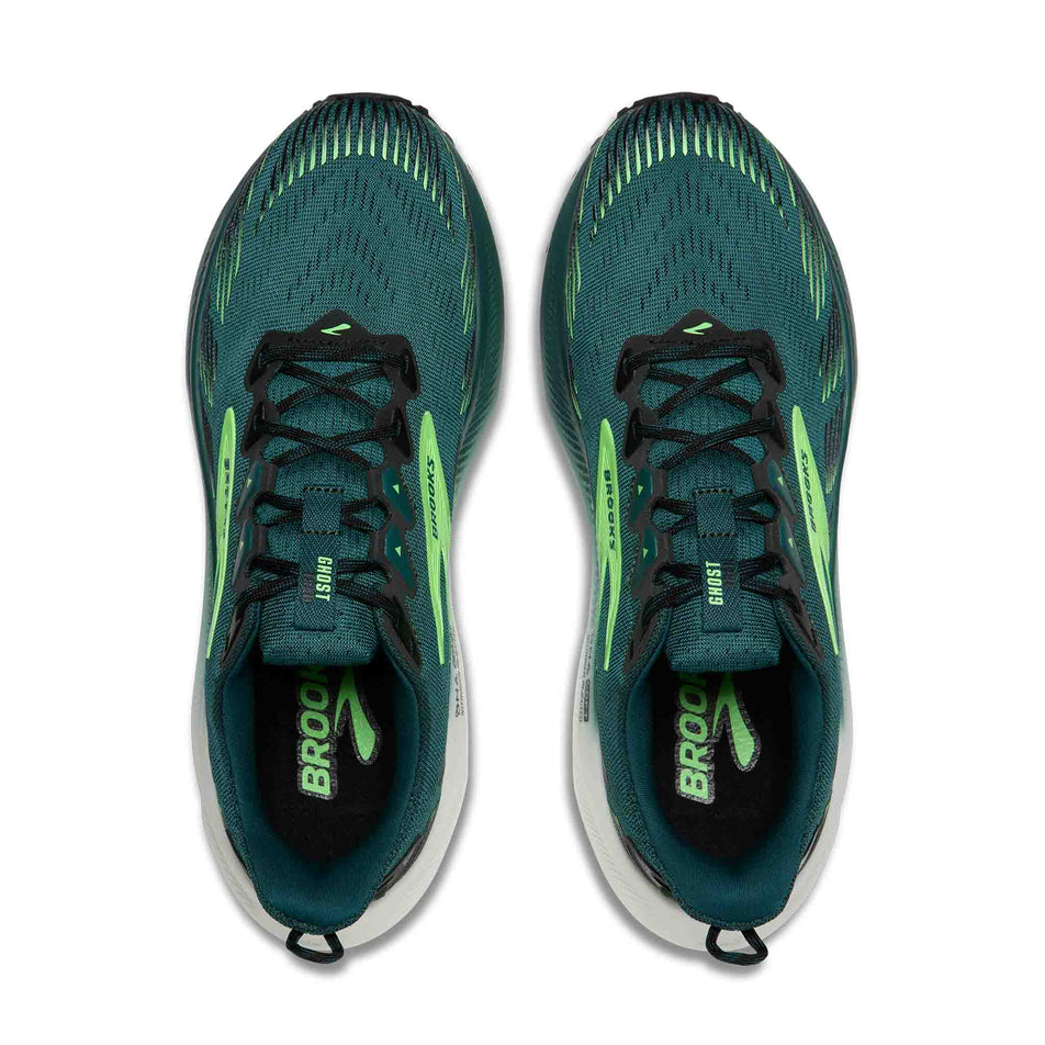 The uppers of a pair of Brooks Men's Ghost Trail Running Shoes in the Atlantic Deep/Black/Green colourway.