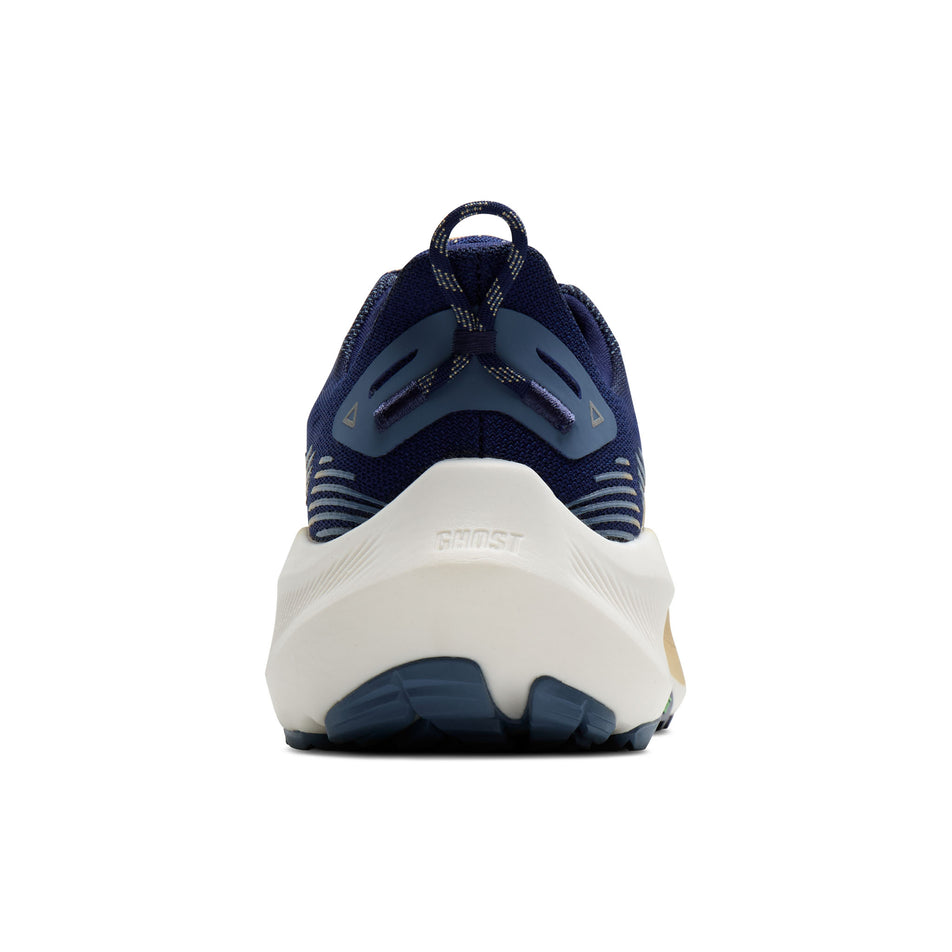 The back of the right shoe from a pair of Brooks Men's Ghost Trail Running Shoes in the Blue/Starfish/Moonlight colourway.