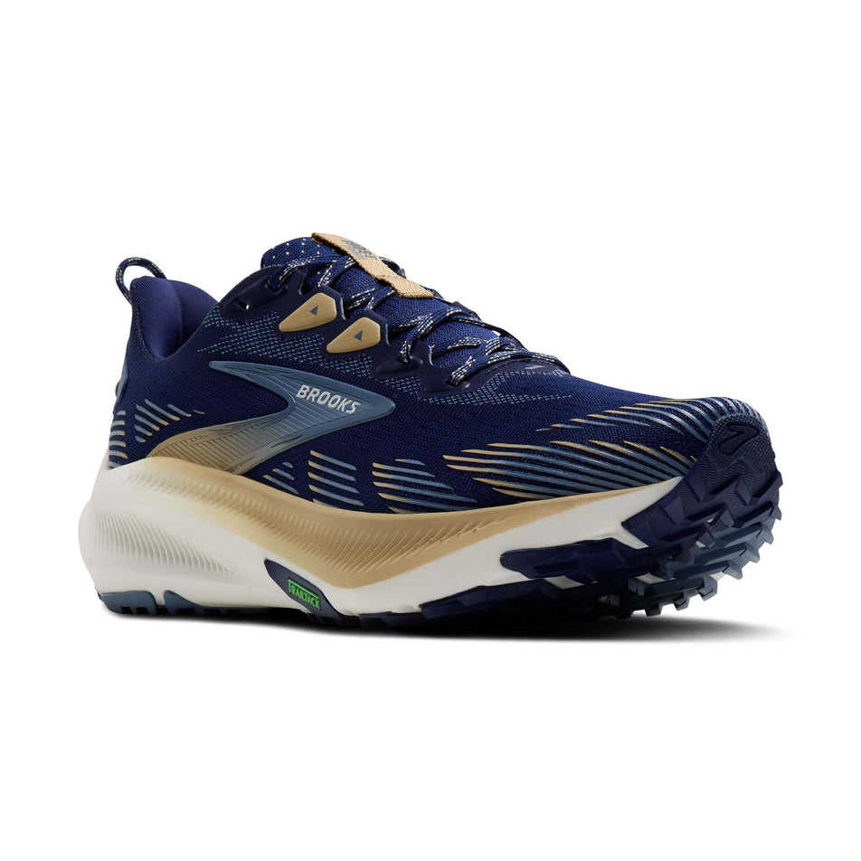 Lateral view of the right shoe from a pair of Brooks Men's Ghost Trail Running Shoes in the Blue/Starfish/Moonlight colourway.