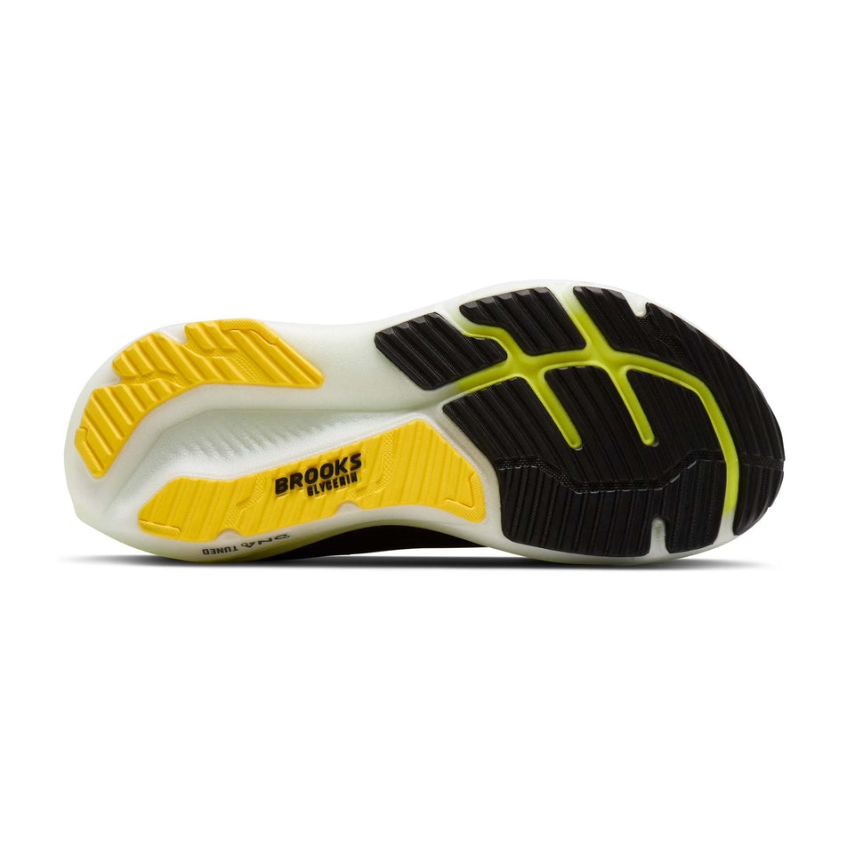 The outsole of the right shoe from a pair of Brooks Men's Glycerin 23 Running Shoes in the Black/Cyber Yellow/Nightlife colourway.
