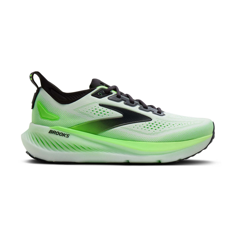Lateral view of the right shoe from a pair of Brooks Men's Glycerin 23 Running Shoes in the White/Phantom/Green Gecko colourway.
